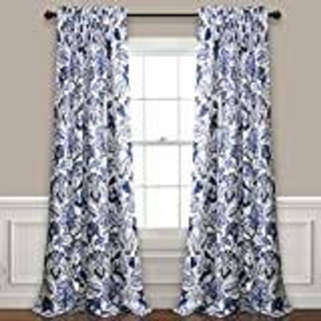 "Lush Decor  Blue Cynthia Jacobean Darkening Window Curtains Set for Living  Dining Room  Bedroom  108"""" L Panel Pair"