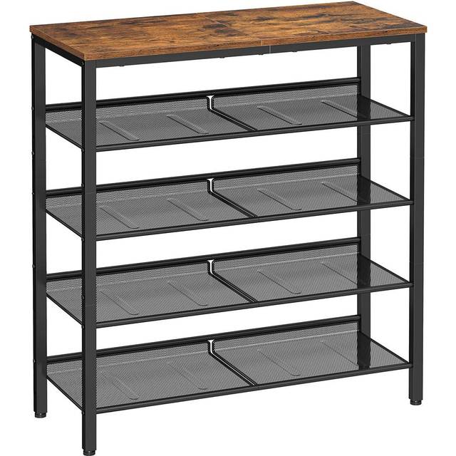4-Tier Metal Expandable Shoe Rack with Adjustable Mesh Shelves, Rustic Brown and Black / 5 Tier (93H cm)