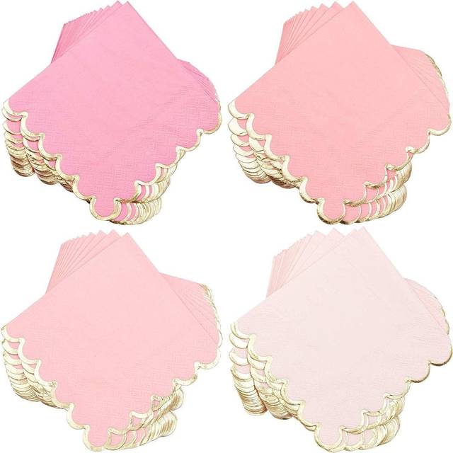 Sparkle and Bash 100 Pack Pink Scalloped Cocktail Napkins with Gold Foil Accents for Bridal and Baby Shower (3-Ply  5 x 5 In)