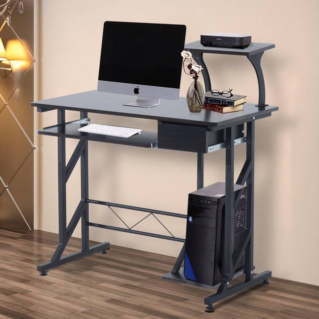 HomCom Computer Desk with Display Stand and Keyboard Drawer