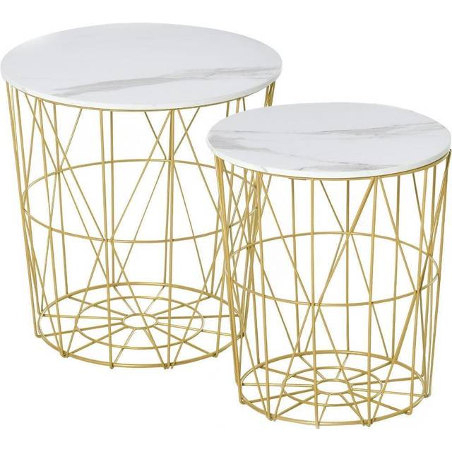 HOMCOM Set Of 2 Nesting Basket Tables Gold Metal With Removable Top Storage, Gold