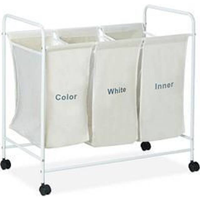 Relaxdays - Laundry Sorter with 3 Labelled Compartments, Casters with Brakes, 100L Capacity, HxWxD 76 x 80 x 46cm, Beige