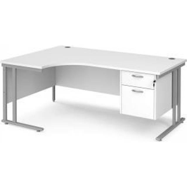 Maestro 25 left hand ergonomic Office Desk 1800mm wide with 2 drawer pedestal - silver cantilever leg frame, white top - Silver