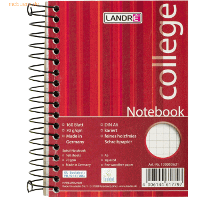 LANDRÉ 100050631 Notebook "college" DIN A6, 160 ark, rutig