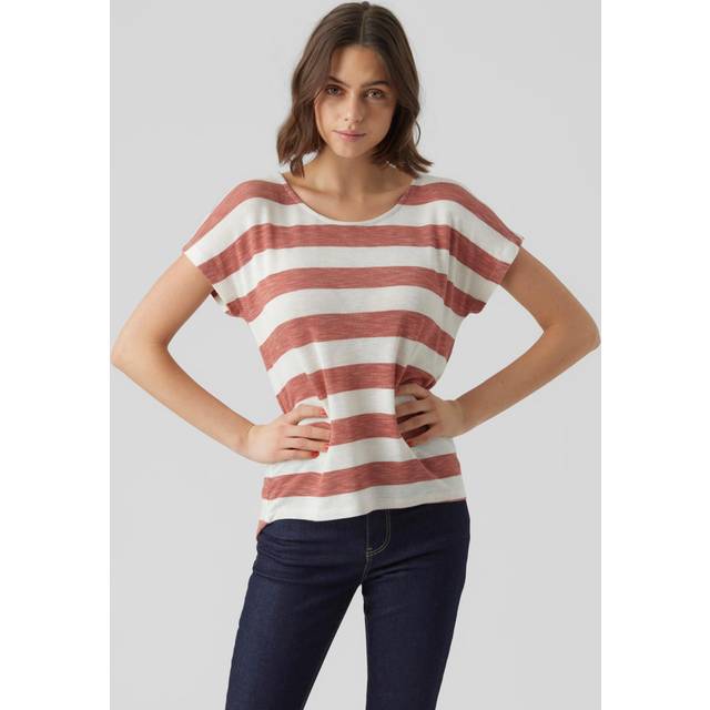 Vero Moda Vmwide Stripe S/L Top Noos T-shirt för kvinnor, Marsala/Stripes: Snow White, XS