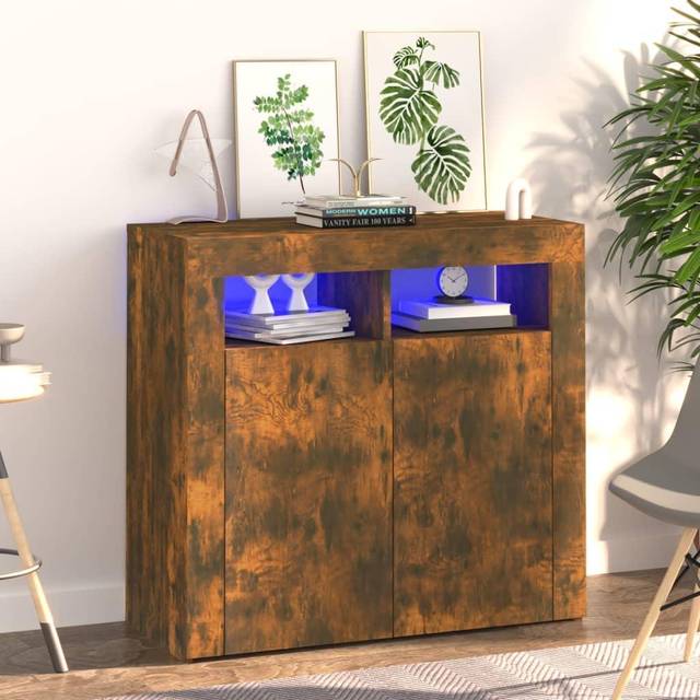 vidaXL Skänk med LED-belysning rökfärgad ek 80x35x75 cm