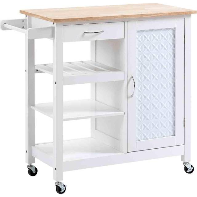 HOMCOM Kitchen Cart on Wheels Trolley with Embossed Door Panel - Drawer - White | TJ Hughes