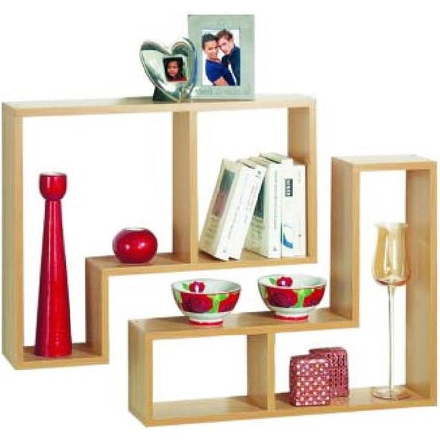 Techstyle Twin Wall Display / Storage Floating Shelves Set Of Two Beech, Brown