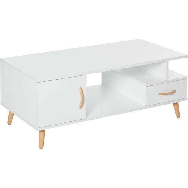 HOMCOM Modern Minimalist Storage Coffee Table White With Drawer Wood Legs And Handles, White