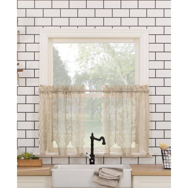 No. 918 Alison-Tr Floral Lace Sheer Rod Pocket Kitchen Curtain Tier Pair  58 x 24  Stone