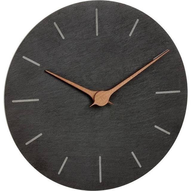 TFA Dostmann Modern väggklocka skiffer, 60,3068.10, utan tickande ljud, med valnöt trä visare, kvartsur, 25 cm, för hängning, svart
