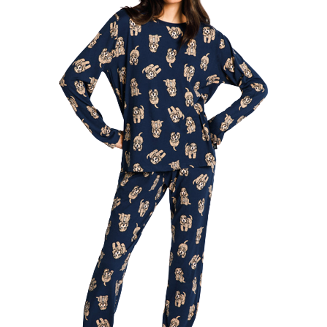 Chelsea Peers Cockapoo Eco Long Sleeve Classic Recycled Pyjama Set, Navy