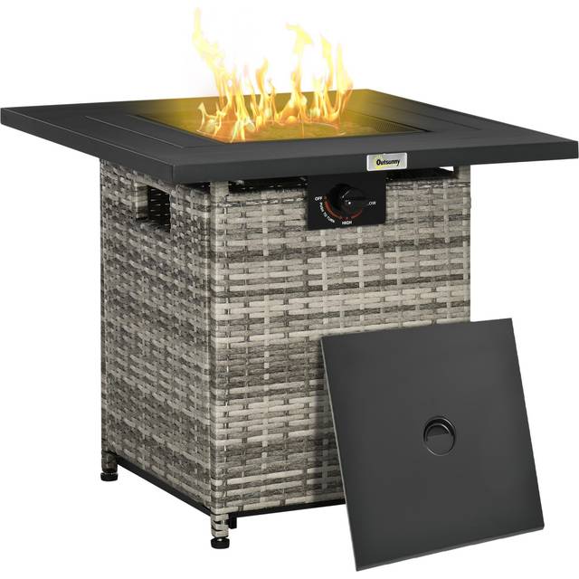 Outsunny Rattan Gas Fire Pit Table with Mesh Lid & Rain Cover Lava Stone 40000 BTU