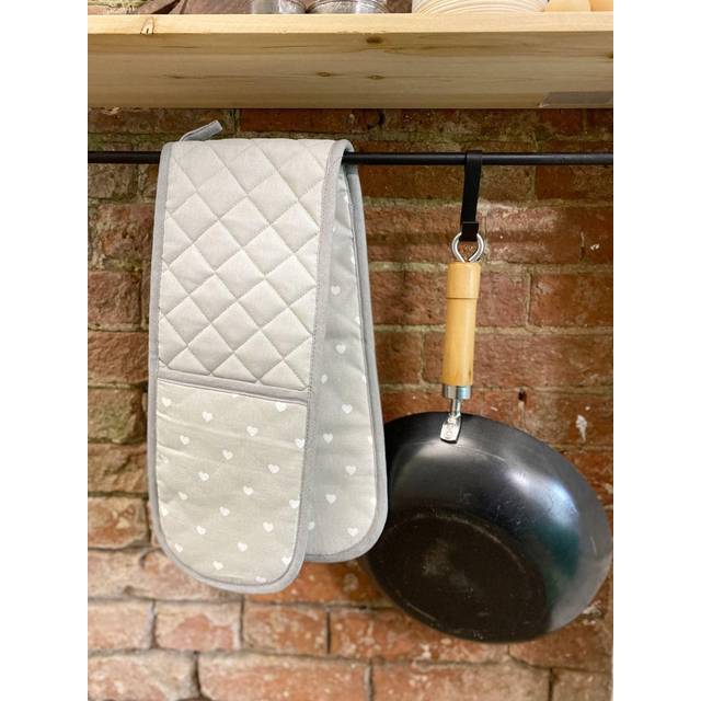 Kitchen Double Oven Glove With A Grey Heart Print Design