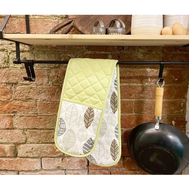 Kitchen Double Oven Glove With Contemporary Green Leaf Print Design