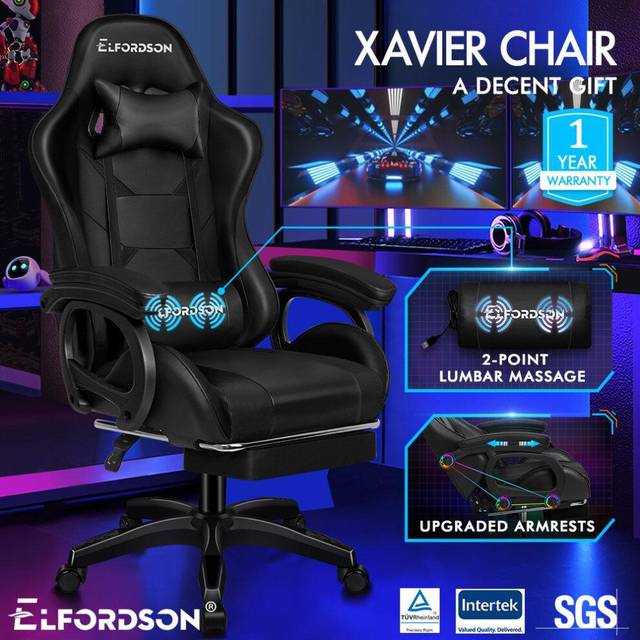 ELFORDSON Gaming Office Chair Racing Massage Computer Seat Footrest Leather Black
