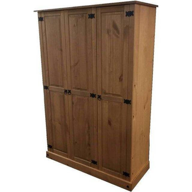 Mercers Furniture Corona Budget 3 Door Wardrobe Flat Top Solid Pine With Mexican Styling, Brown
