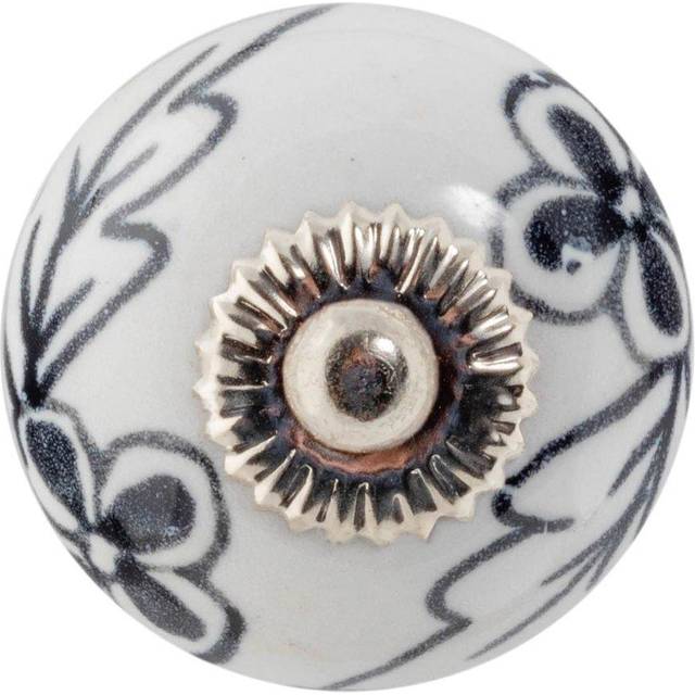 Nicola Spring - Round Ceramic Cabinet Knob - Black Flower - White (4cm)