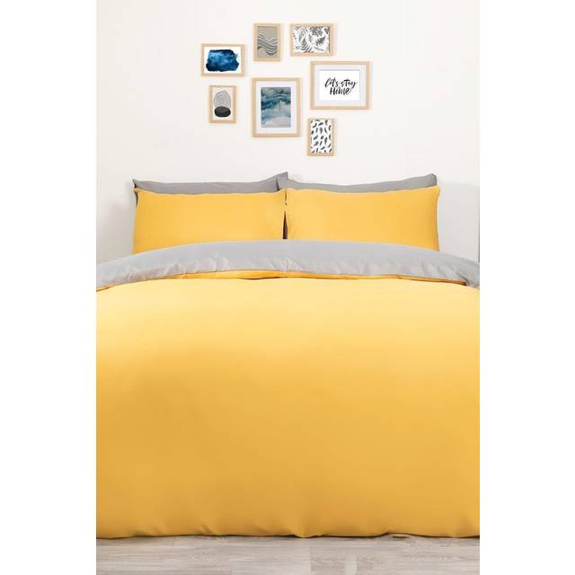 Plain Dyed Bedding Set - Ochre & Grey / Single - Yellow