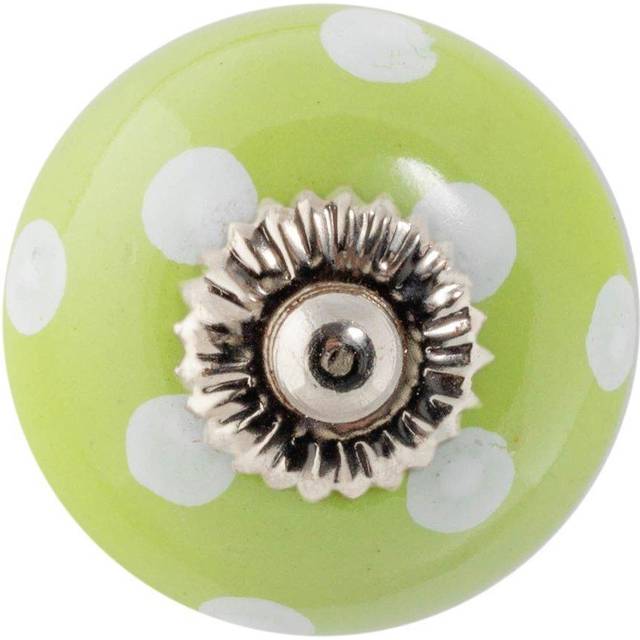 Round Spot Ceramic Cabinet Knob - White Dot on Green