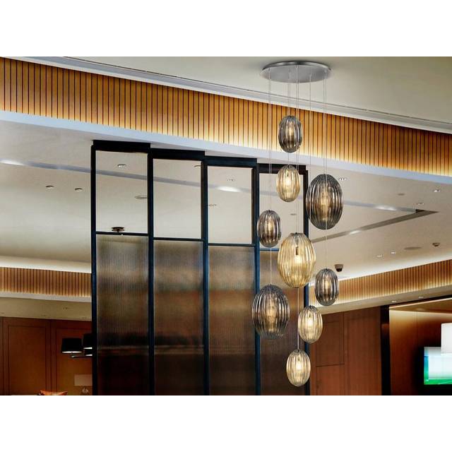Schuller Ovila Modern Cluster Dimmable 9 Light LED Pendant Light, Oval Cognac & Smoke Grey Shades. Remote Control
