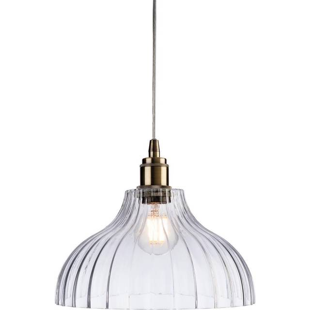 Firstlight Victory Ribbed-Effect Style 28cm Pendant Light in Antique Brass and Clear Ribbed Glass