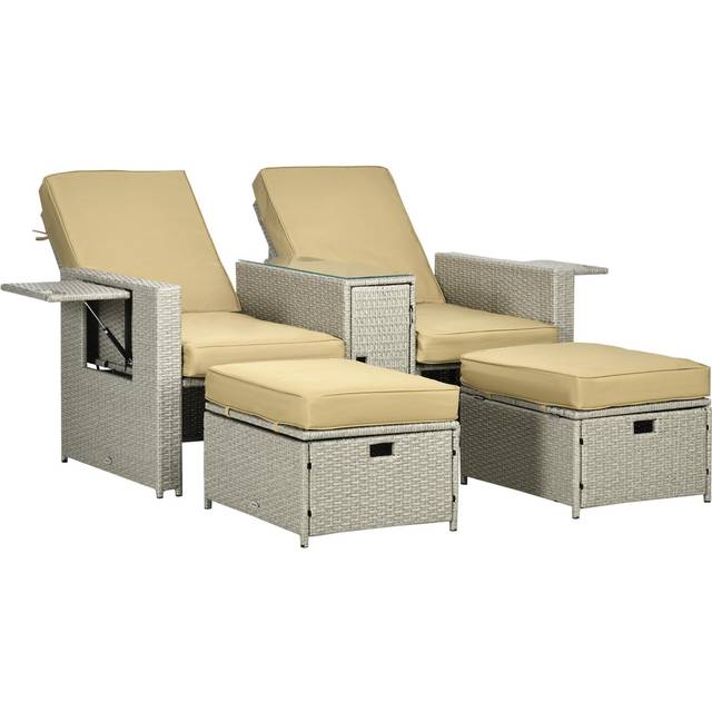 Outsunny 5-level Adjustable Lounger w/Table/Footstools Beige, Cream
