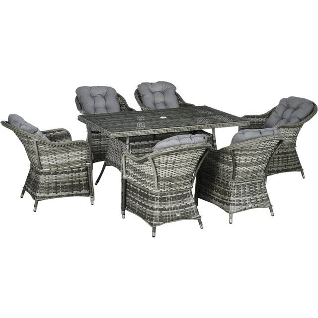 Outsunny 7 Pieces PE Rattan Dining Set Furniture Patio Wicker Furniture with Tempered Glass Table Top, Umbrella Hole and Cushions, Grey