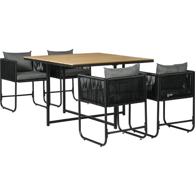 Outsunny Patio 5 Pcs Pe Rattan Dining Set, Garden Round Wicker 4-seater Rattan Cube Dining Sets, W/ Wood Grain Plastic Top, Space-saving Design Black
