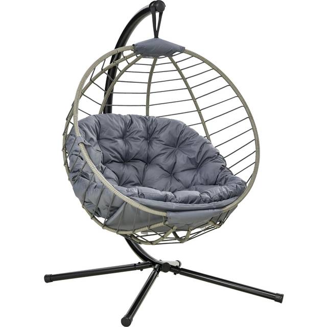 Weather-Resistant Rattan Hanging Egg Chair - Foldable Design | Wowcher - Grey