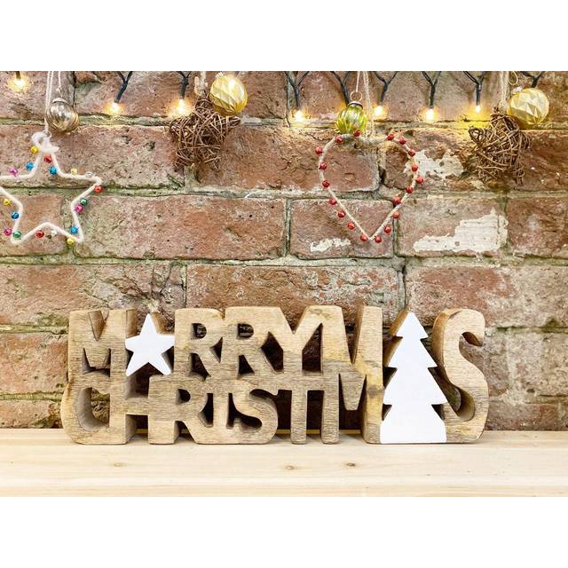 Wooden Carved Merry Christmas Word Ornament