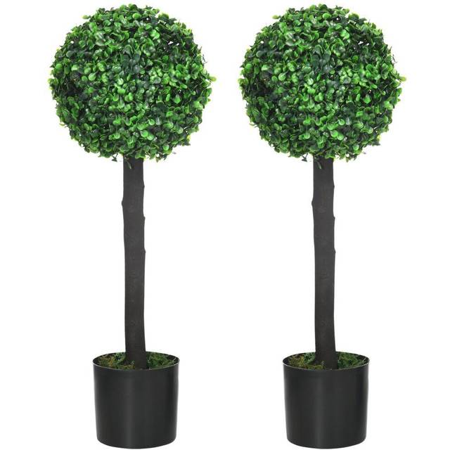 HOMCOM Set of 2 Potted Artificial Plants Boxwood Ball Trees Indoor Outdoor - 60cm | TJ Hughes