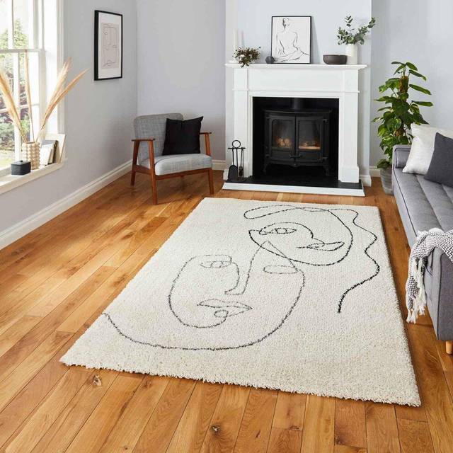 (A175 Cream/Grey, 160 x 220 cm) Nordic Scandi Tribal Shaggy Rugs Abstract Large Thick Pile Warm Cosy Rug Carpet Shag Thick 4cm Pile Berber Rug By Thin