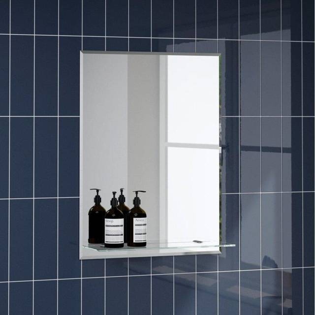 Essentials Lucis Rectangular Frameless Bathroom Mirror with Glass Shelf - 450 x 600mm