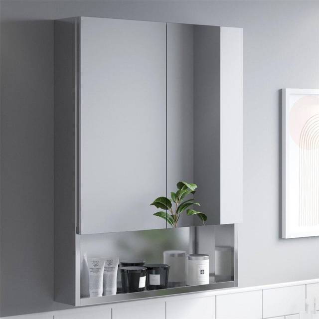 Bathroom Double Door Mirror Stainless Steel Shelf Modern Cabinet 800 x 700mm