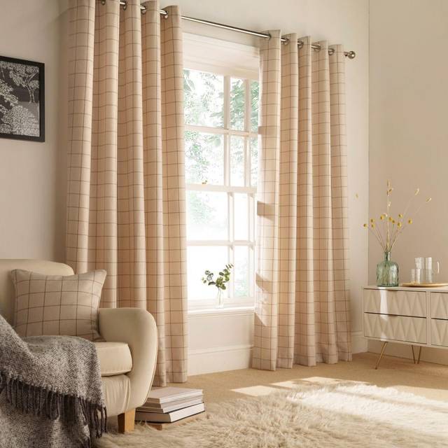 furn. Ellis Check Ready Made Eyelet Curtains Natural - Beige