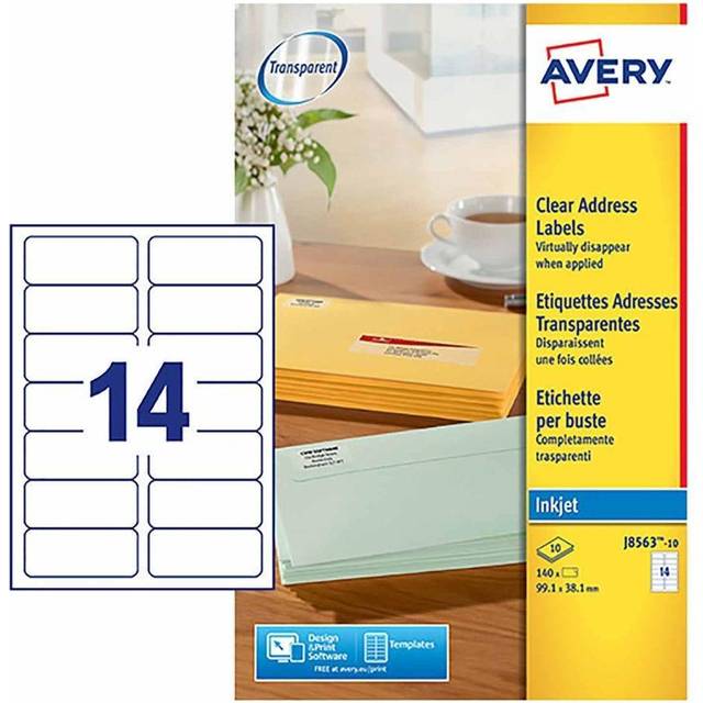 Avery Inkjet Labels 38x99mm 14 per A4 Sheet 10 sheets Clear, Clear