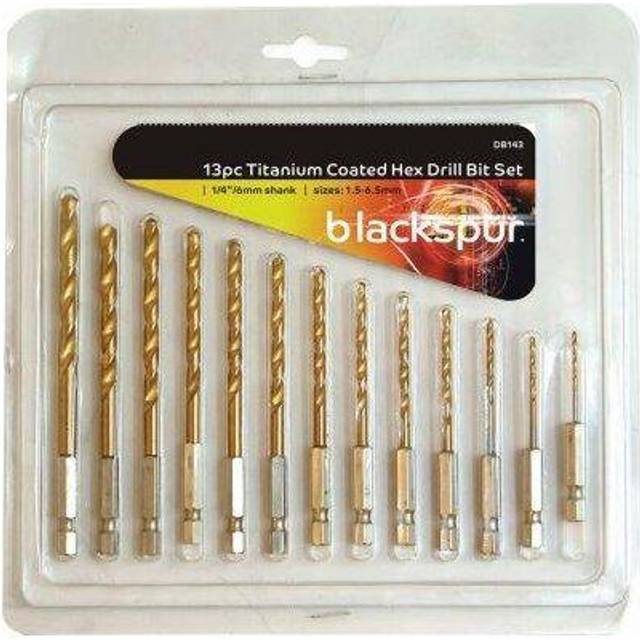 13 Piece Titanium Coated Hex Drill Bit Set Sizes 1/4&quot; 6mm Shank 1.5 - 6.5 mm