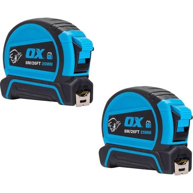OX Pro Dual Auto Lock Tape Measure 8m (Twin Pack) in Blue Rubber