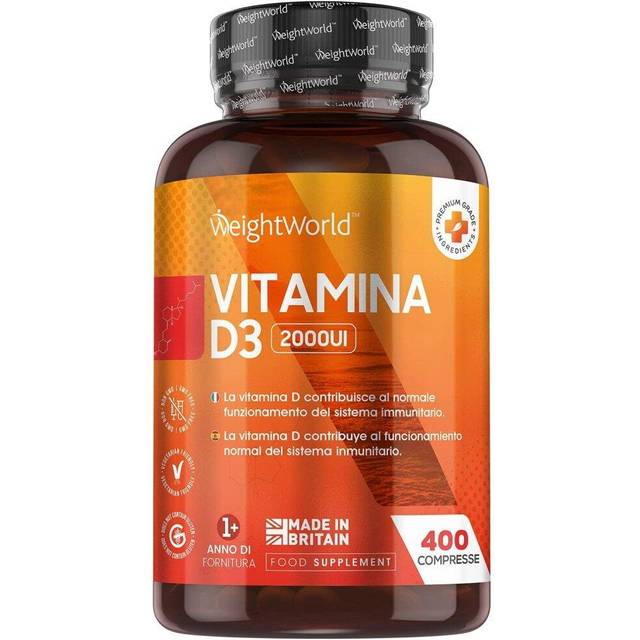 Vitamin D3 2000 I.U - 400 tabletter (1 tablett dag) - Solvitamin för immunförsvar, skelett & muskler - D-vitamin för unga & gamla - Ren kolekalciferol - Naturliga ingredienser - WeightWorld