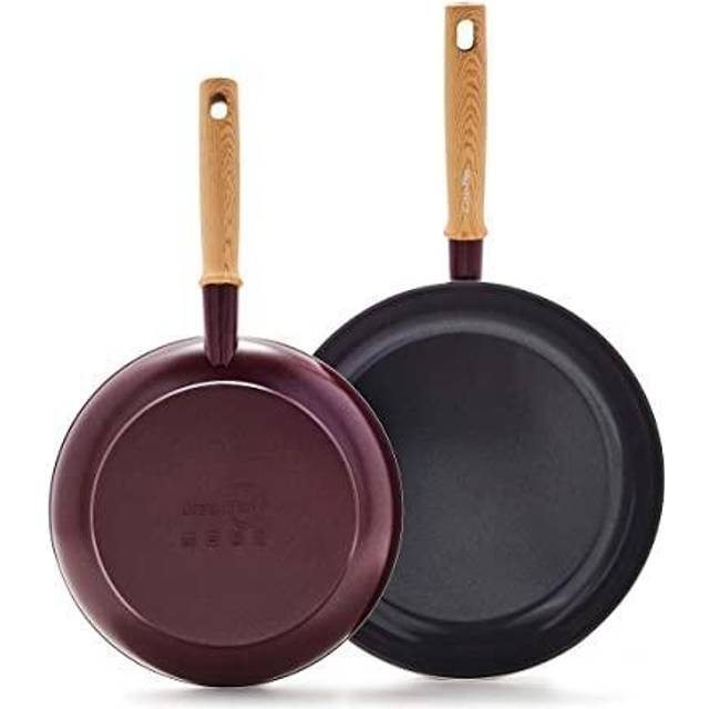 greenPan Hudson Healthy ceramic Nonstick, 95 and 11 Frying Pan Skillet Set, Vintage Wood Inspired Handle, PFAS-Free, Dishwasher Safe, Merlot Red