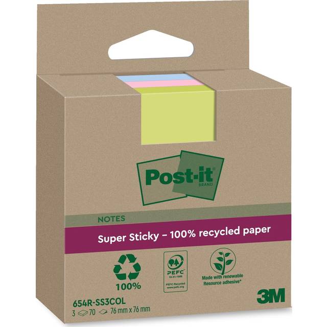 Super Sticky 100% Recycled Notes, Pack of 3 Pads, 70 Sheets per Pad, 76 mm x 76 mm, Pink, Green, Blue - Extra Sticky Notes Made from 100% Recycled