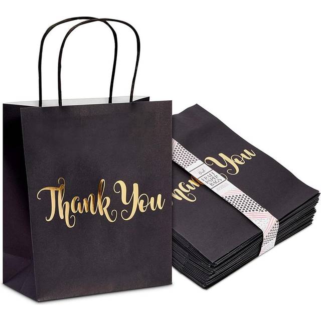 24 Pack Medium Black Thank You Party Favor Paper Goodie Gift Bags with Handles, Gold Foil, 20 x 25 x 10 cm