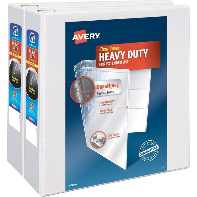 "Avery Heavy Duty View 3 Ring Binder  4"""""""" One Touch Slant Ring  Holds 8.5"""""""" x 11"""""""" Paper  2 White Binders (79875)"