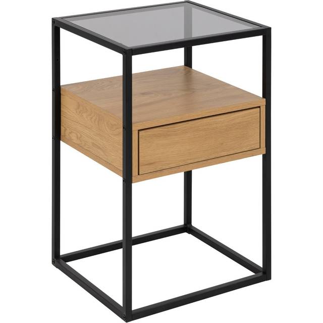 AC design furniture radek kvadratiskt nattduksbord med en låda, två hyllor, glasplatta och trälåda, svart metallram med lättåtkomlig låda, mångsidigt nattduksbord