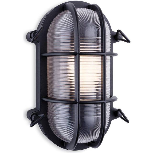 Firstlight Turin Retro Style Oval Bulkhead in Black and Clear Ribbed Glass