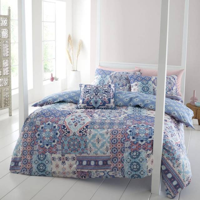 Boho Patchwork Duvet Cover Set with Pillowcases - Blue (Kingsize - 2 Standard Pillowcases)