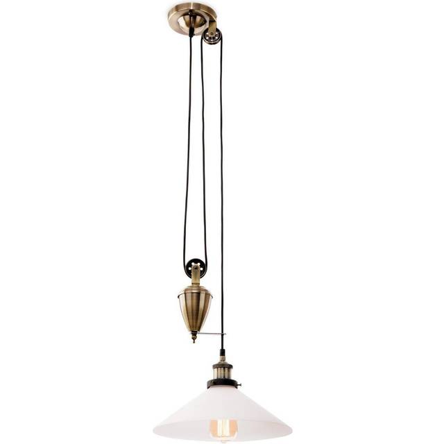 Firstlight Empire Industrial Style Rise and Fall Pendant Light in Antique Brass and Opal Glass