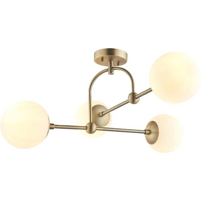 Merano Cosenza Antique Brass and Opal Glass 4 Light Ceiling Semi Flush - Brown - 70.5 x 70.5 x 32.5cm