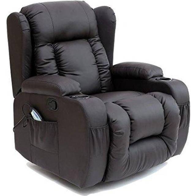 (Cream) Caesar Winged Leather Recliner Chair Rocking Massage Swivel Heated Gaming